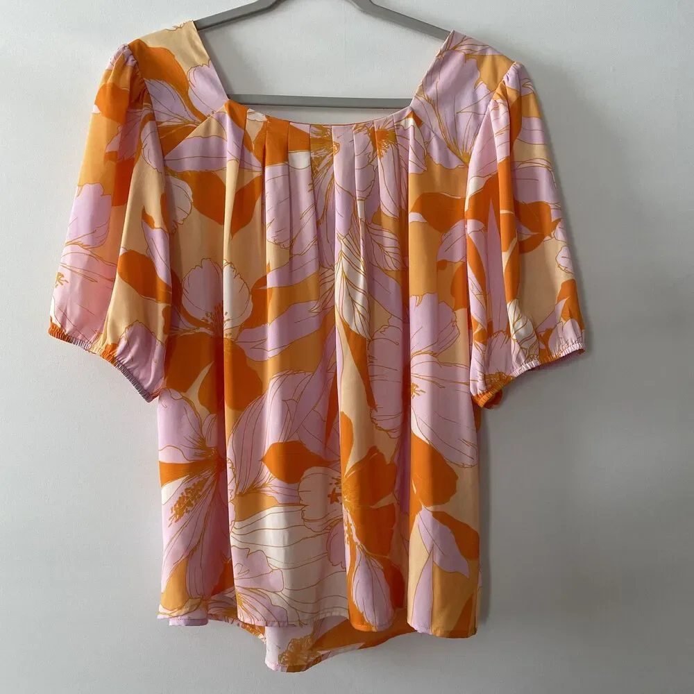DR2 Blouse Floral Square Neck Short Sleeve Pink Orange Women's Size XL